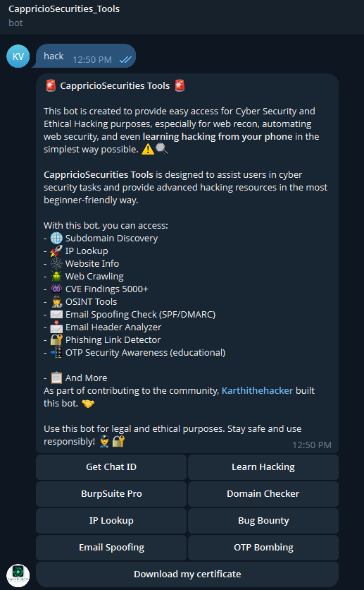 Bot main menu